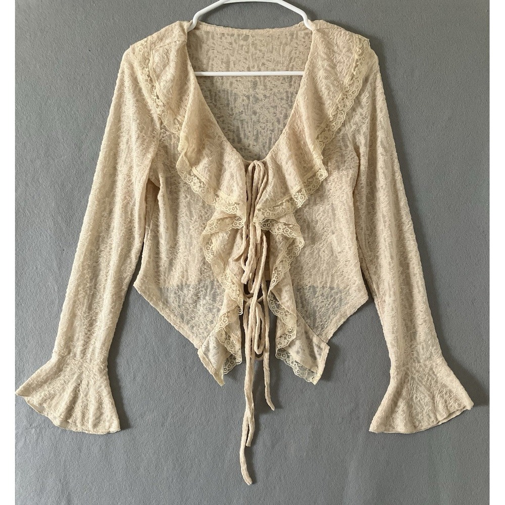 Cream Sheer Lace Tie Front Ruffle Blouse Women's S Coquette Fairy Whimsigoth